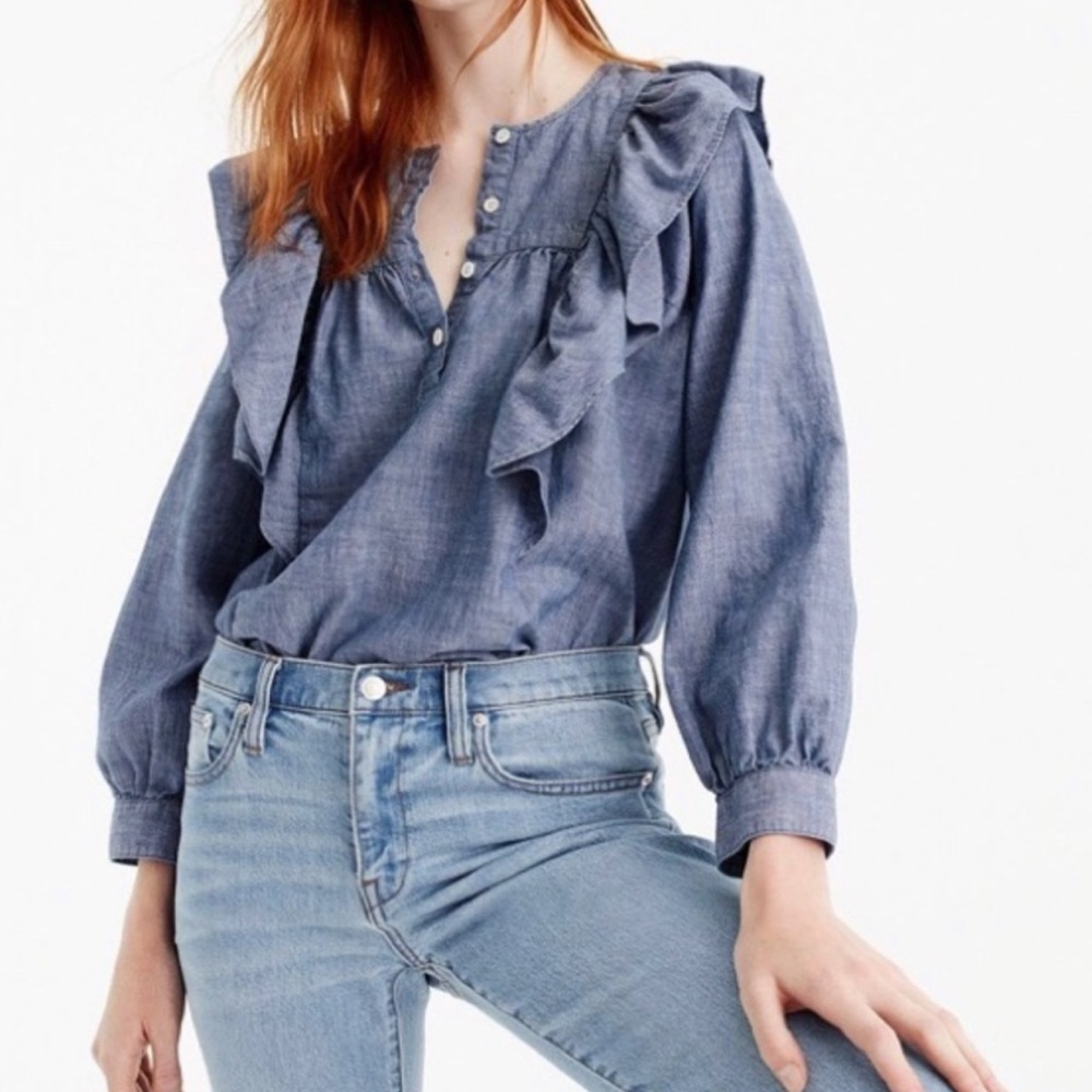 J.Crew Chambray Ruffled Button Down Blouse
